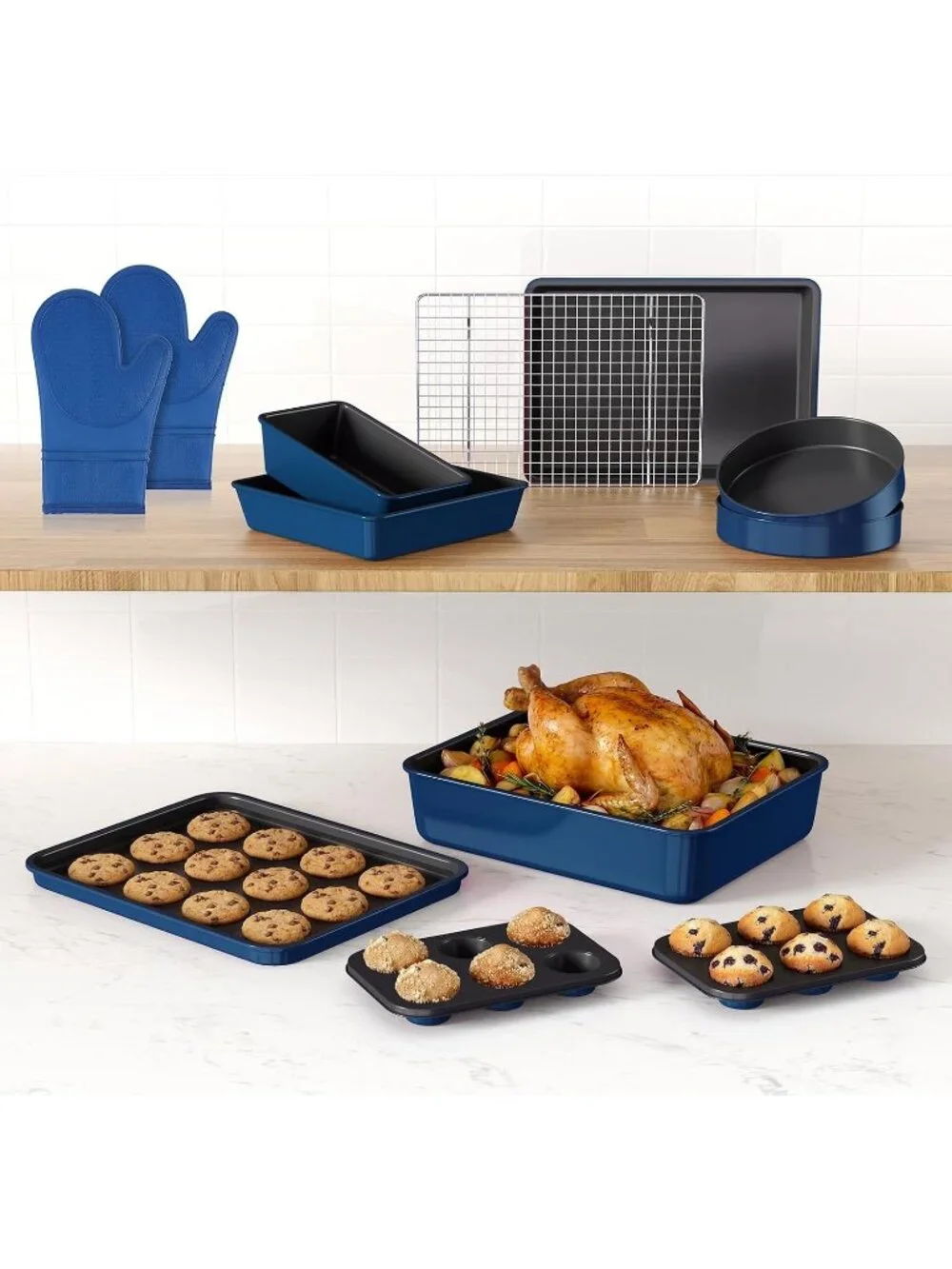 13-Piece Blue Includes Cookie Sheet with Rack Cake Pan Nonstick Bakeware Sets